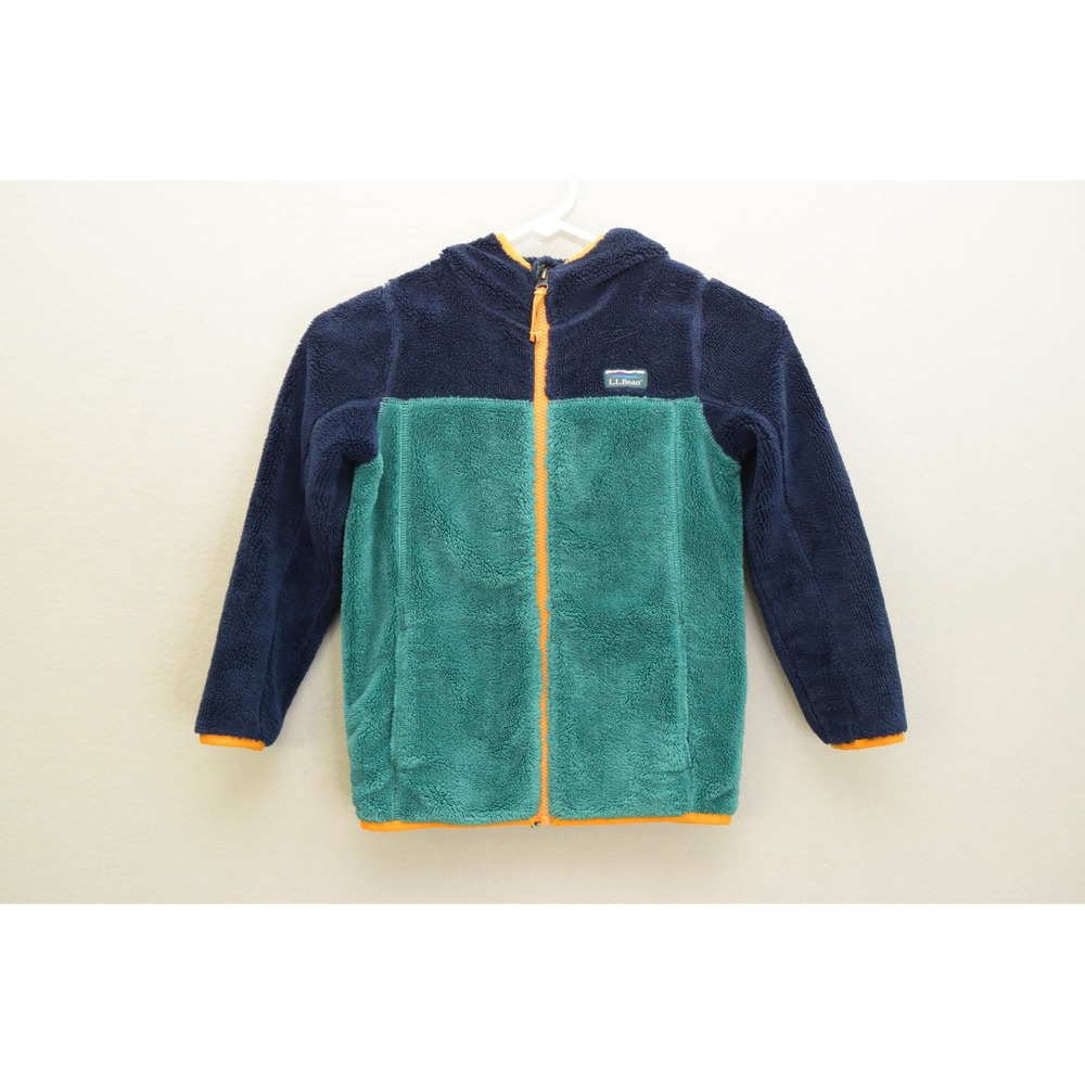 LL Bean Fleece Jacket 6X 7 Navy Teal Hi-Pile Hooded Colorblock Kids Outdoor Zip